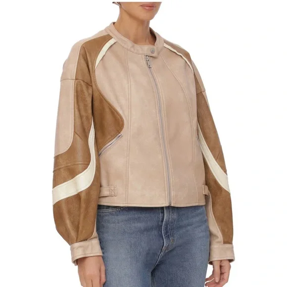 Avec Les Filles Faux Leather Racing Moto Bomber Colorblock Jacket NEW size Large - Picture 7 of 14